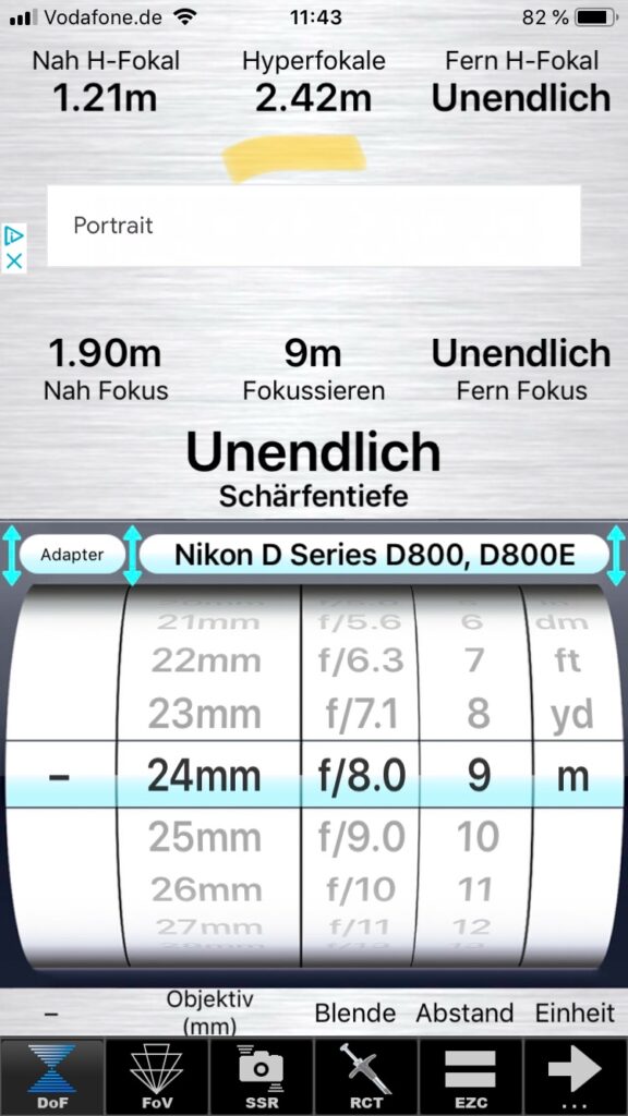 Einstellung der Hyperfokalen Distanz auf einer App